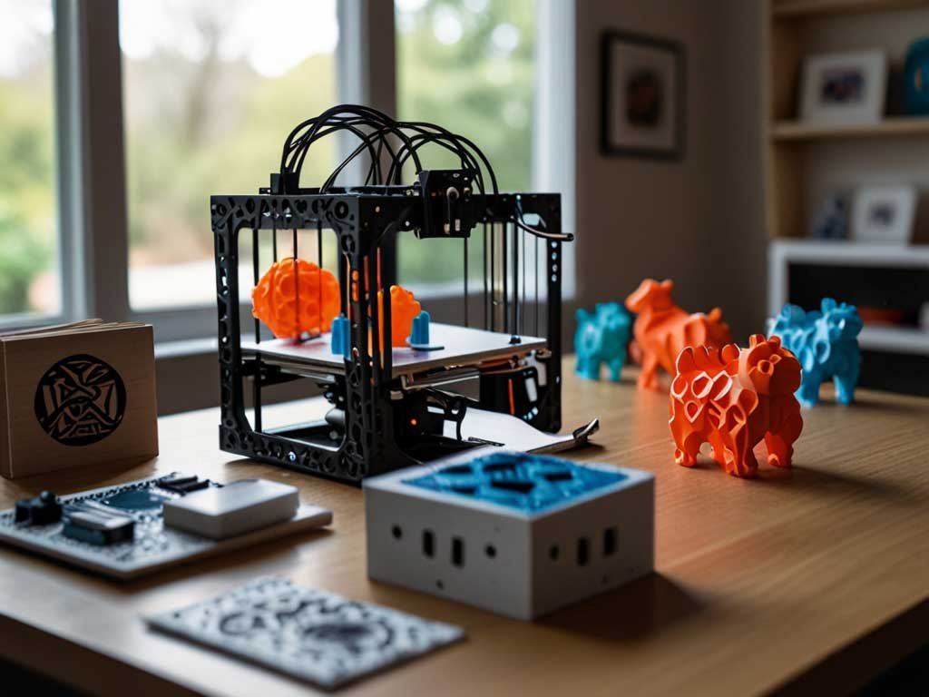 Foto de área de trabalho com impressora 3D e algumas impressões